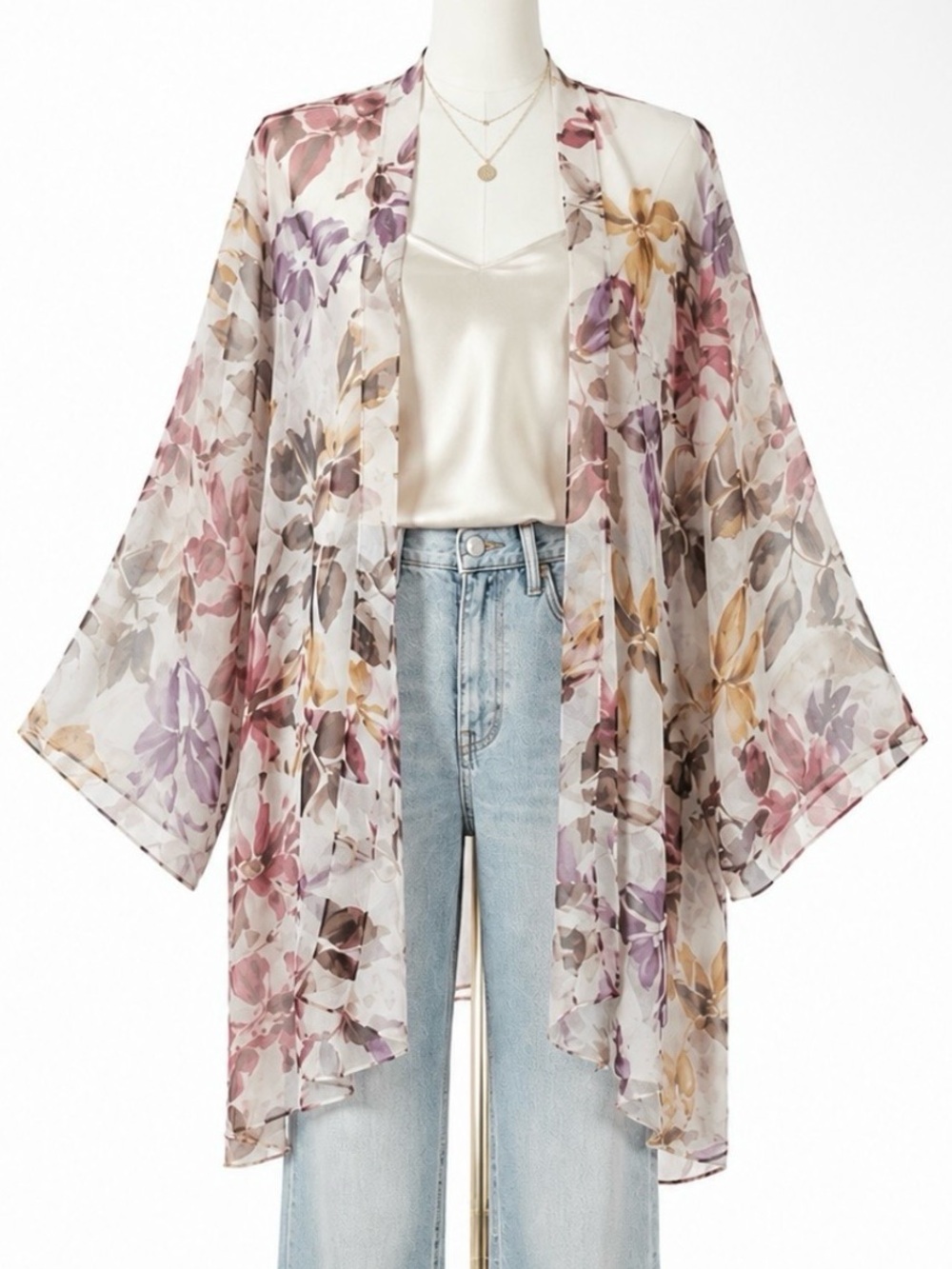 Vintage Natori Sheer Romantic Floral Kimono Ethereal Boho Resort Bridal Layer OS